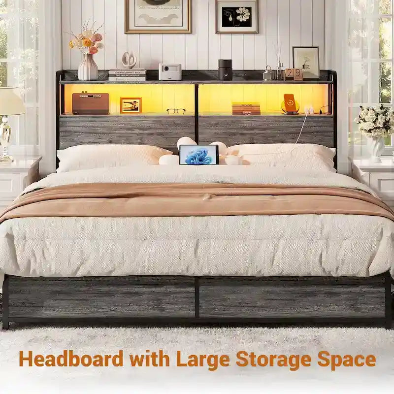 LED Headboard with 2-Tier Storage Shelves, Outlets and USB Ports