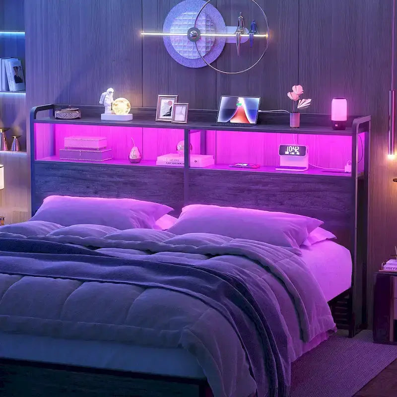 LED Headboard with 2-Tier Storage Shelves, Outlets and USB Ports