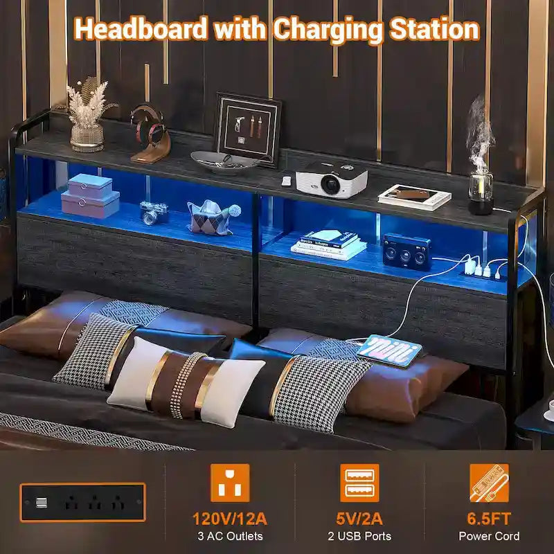 LED Headboard with 2-Tier Storage Shelves, Outlets and USB Ports