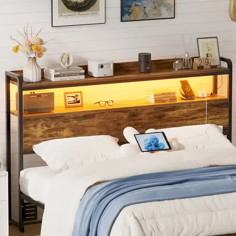 LED Headboard with 2-Tier Storage Shelves, Outlets and USB Ports