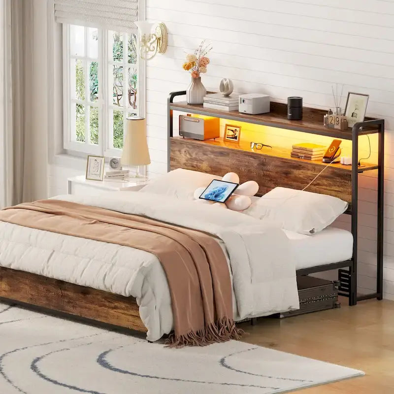 LED Headboard with 2-Tier Storage Shelves, Outlets and USB Ports
