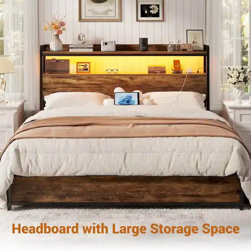 LED Headboard with 2-Tier Storage Shelves, Outlets and USB Ports