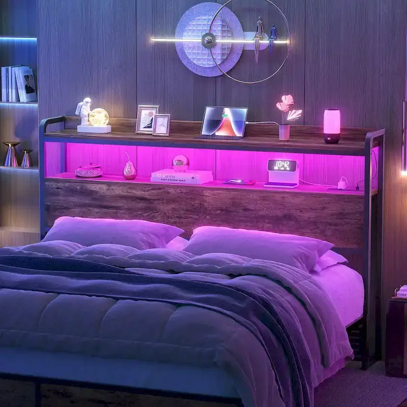 LED Headboard with 2-Tier Storage Shelves, Outlets and USB Ports