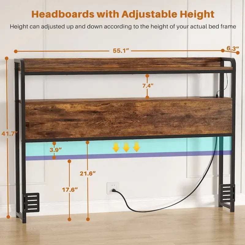 LED Headboard with 2-Tier Storage Shelves, Outlets and USB Ports