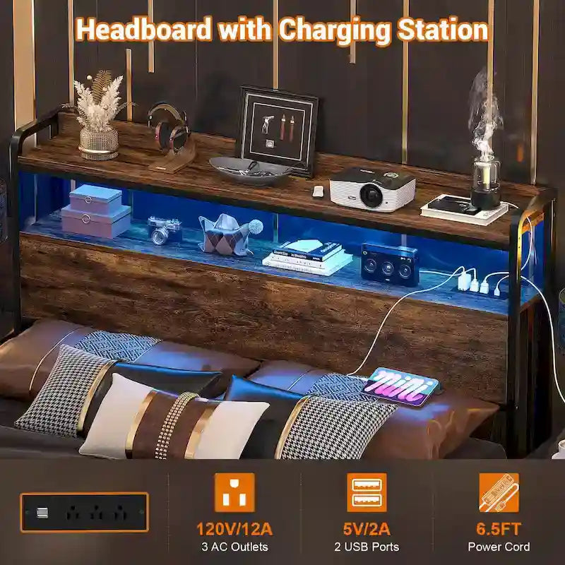 LED Headboard with 2-Tier Storage Shelves, Outlets and USB Ports