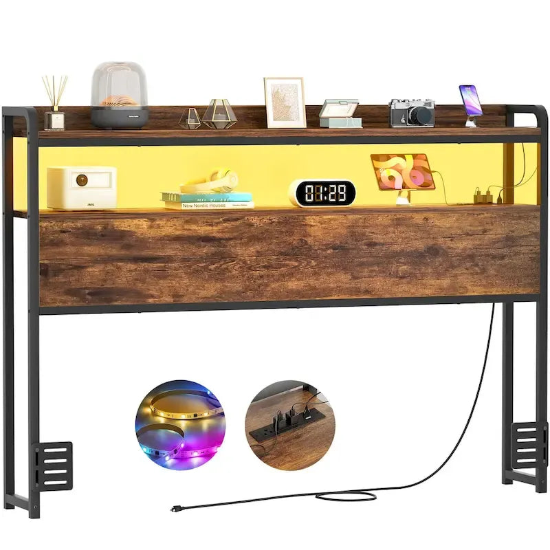 LED Headboard with 2-Tier Storage Shelves, Outlets and USB Ports