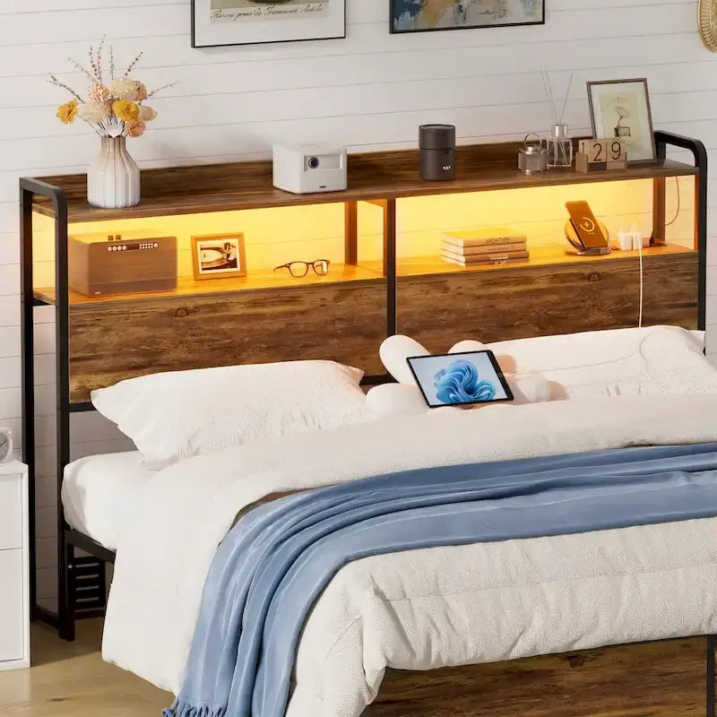 LED Headboard with 2-Tier Storage Shelves, Outlets and USB Ports