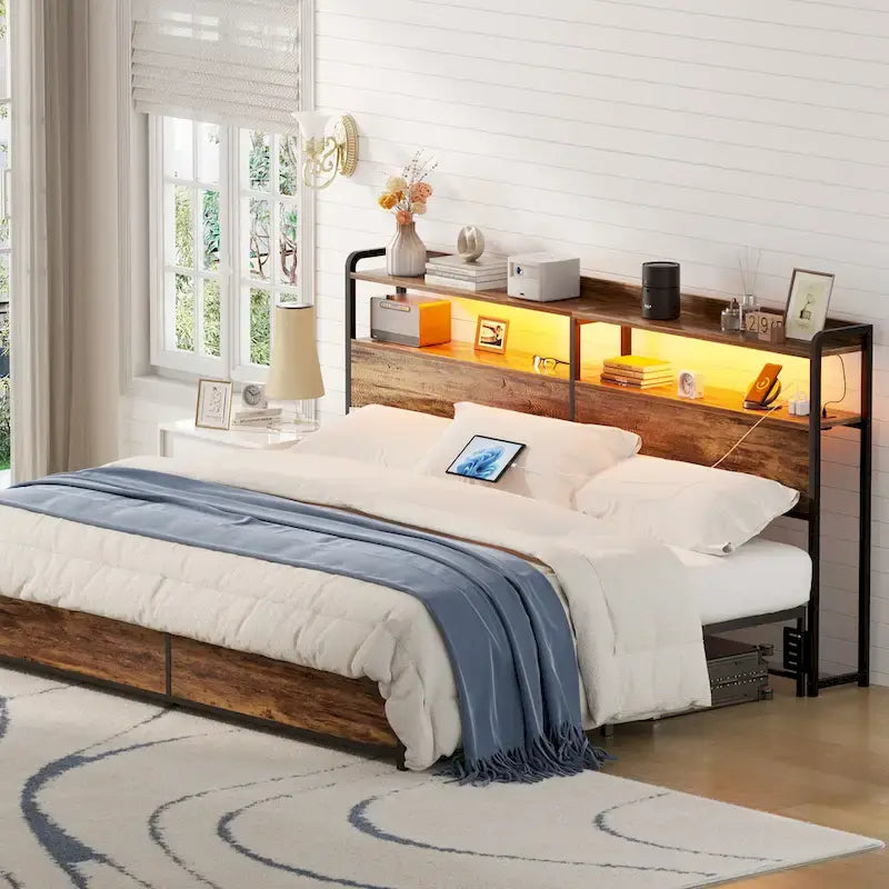 LED Headboard with 2-Tier Storage Shelves, Outlets and USB Ports