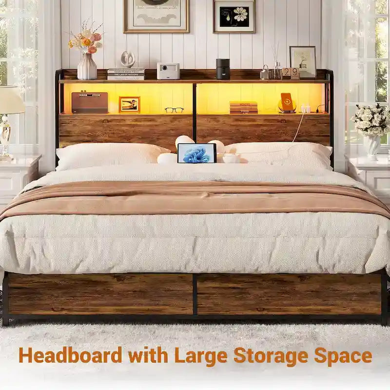 LED Headboard with 2-Tier Storage Shelves, Outlets and USB Ports