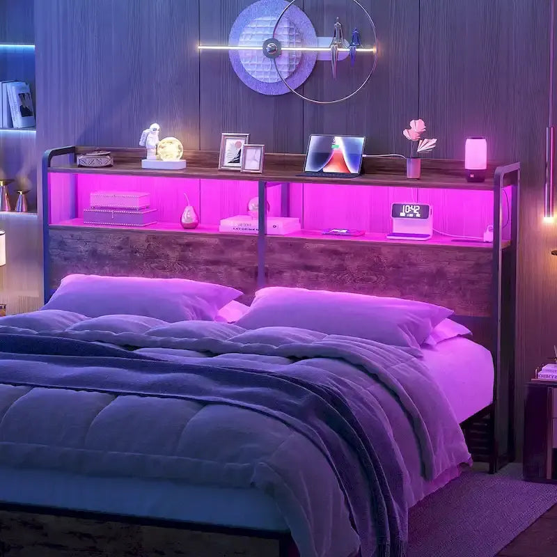 LED Headboard with 2-Tier Storage Shelves, Outlets and USB Ports