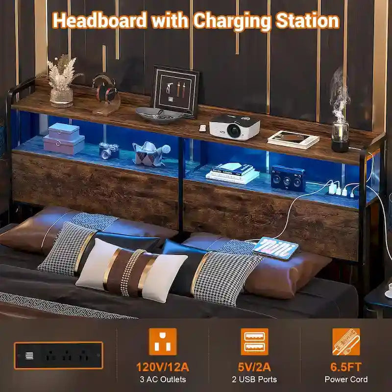 LED Headboard with 2-Tier Storage Shelves, Outlets and USB Ports