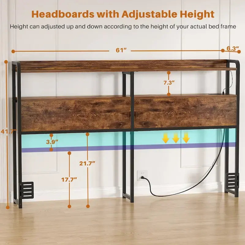 LED Headboard with 2-Tier Storage Shelves, Outlets and USB Ports