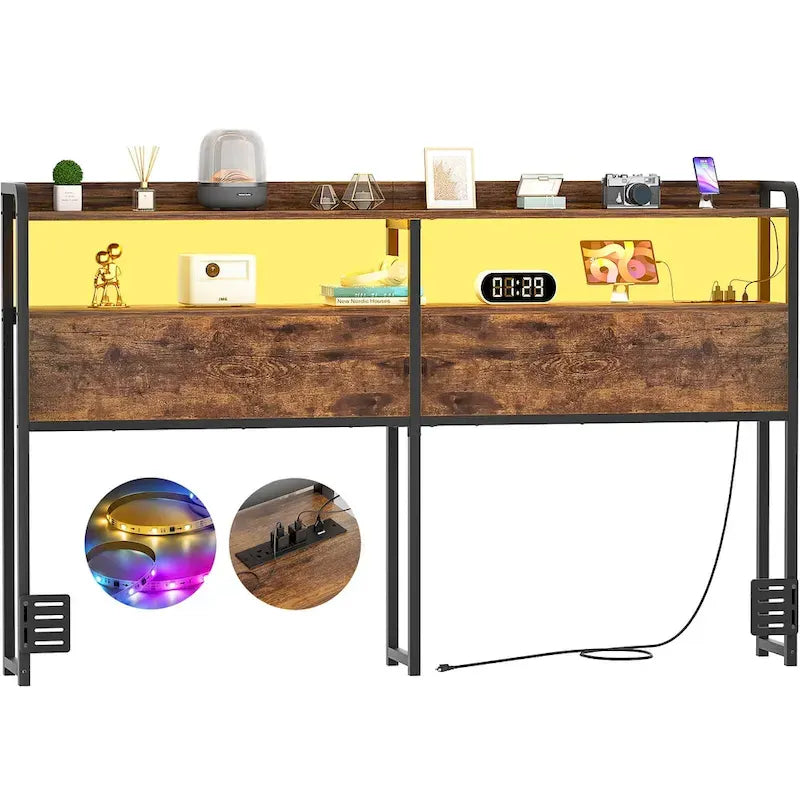 LED Headboard with 2-Tier Storage Shelves, Outlets and USB Ports