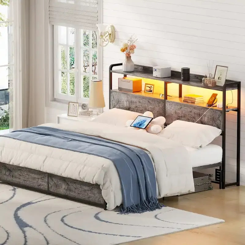 LED Headboard with 2-Tier Storage Shelves, Outlets and USB Ports