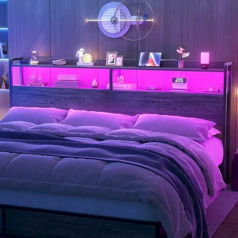 LED Headboard with 2-Tier Storage Shelves, Outlets and USB Ports