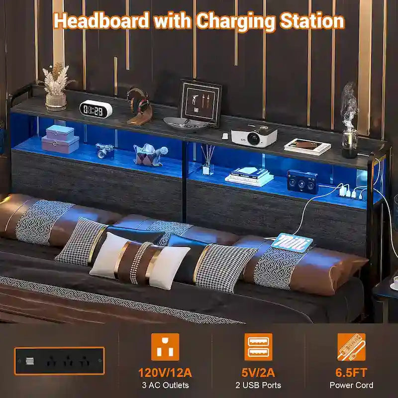 LED Headboard with 2-Tier Storage Shelves, Outlets and USB Ports