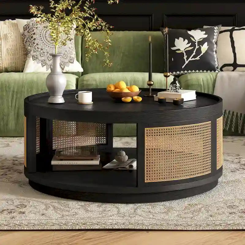 Round Wood Coffee Table with PE Rattan Sides