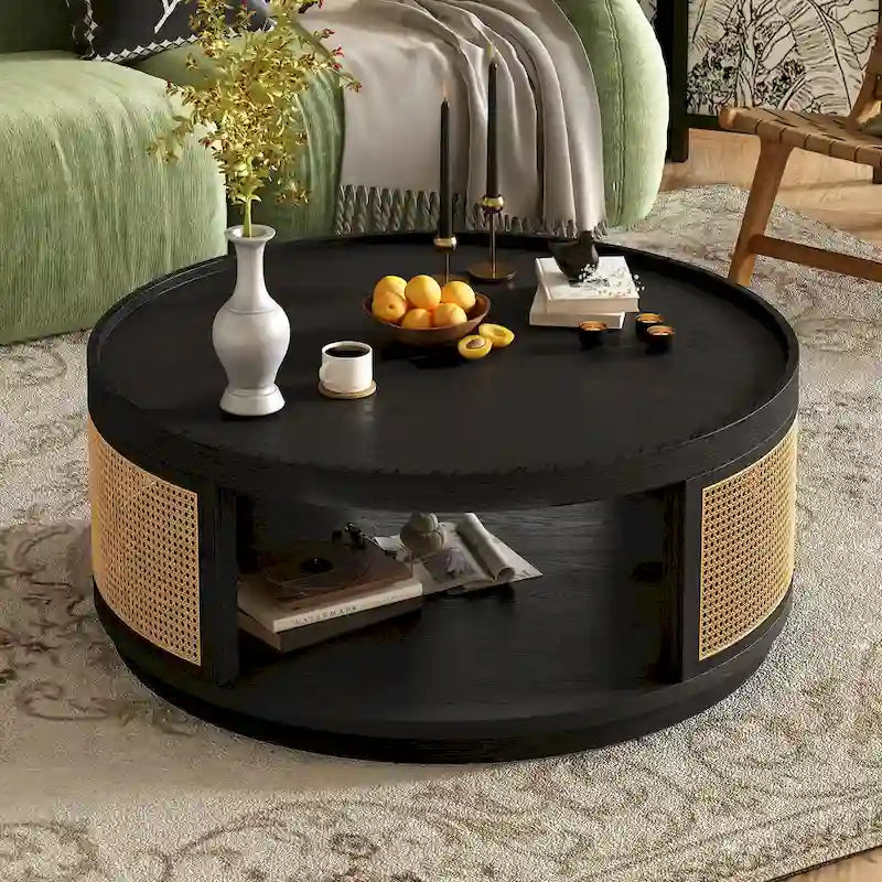 Round Wood Coffee Table with PE Rattan Sides