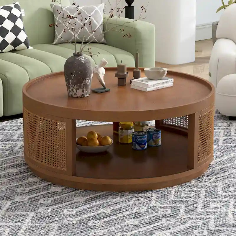Round Wood Coffee Table with PE Rattan Sides