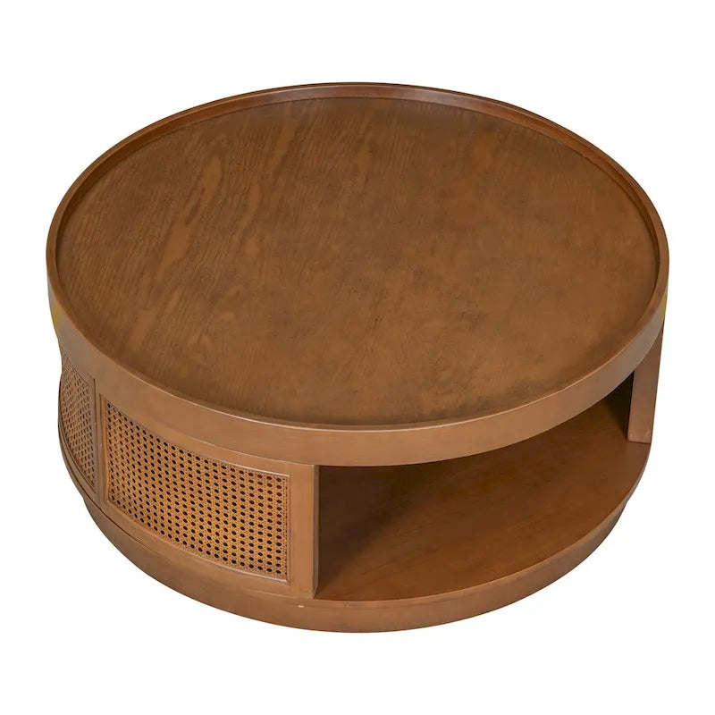 Round Wood Coffee Table with PE Rattan Sides
