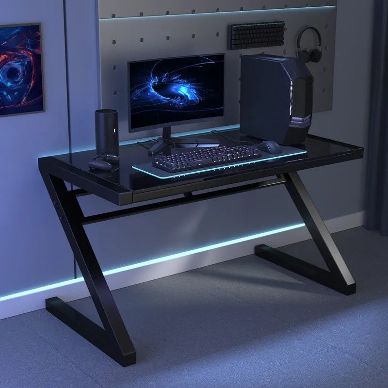 Z-Leg Tempered Glass Gaming and Study Desk with USB Cable Management