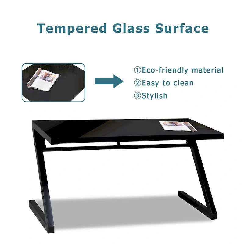 Z-Leg Tempered Glass Gaming and Study Desk with USB Cable Management