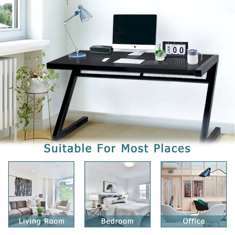 Z-Leg Tempered Glass Gaming and Study Desk with USB Cable Management