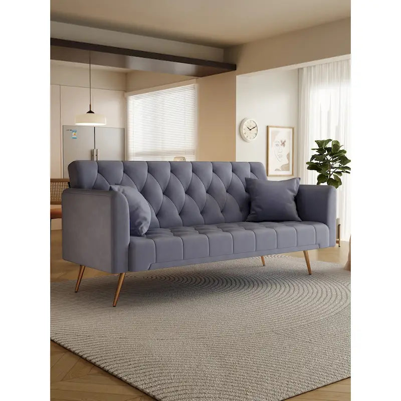 Gray Tufted Velvet Convertible Sofa Bed