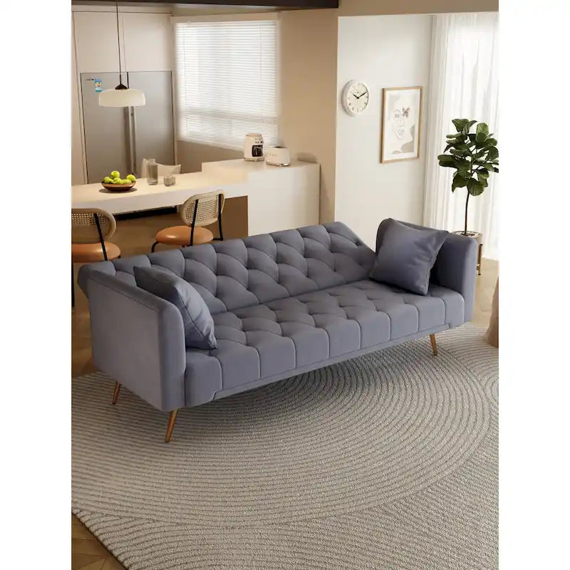 Gray Tufted Velvet Convertible Sofa Bed