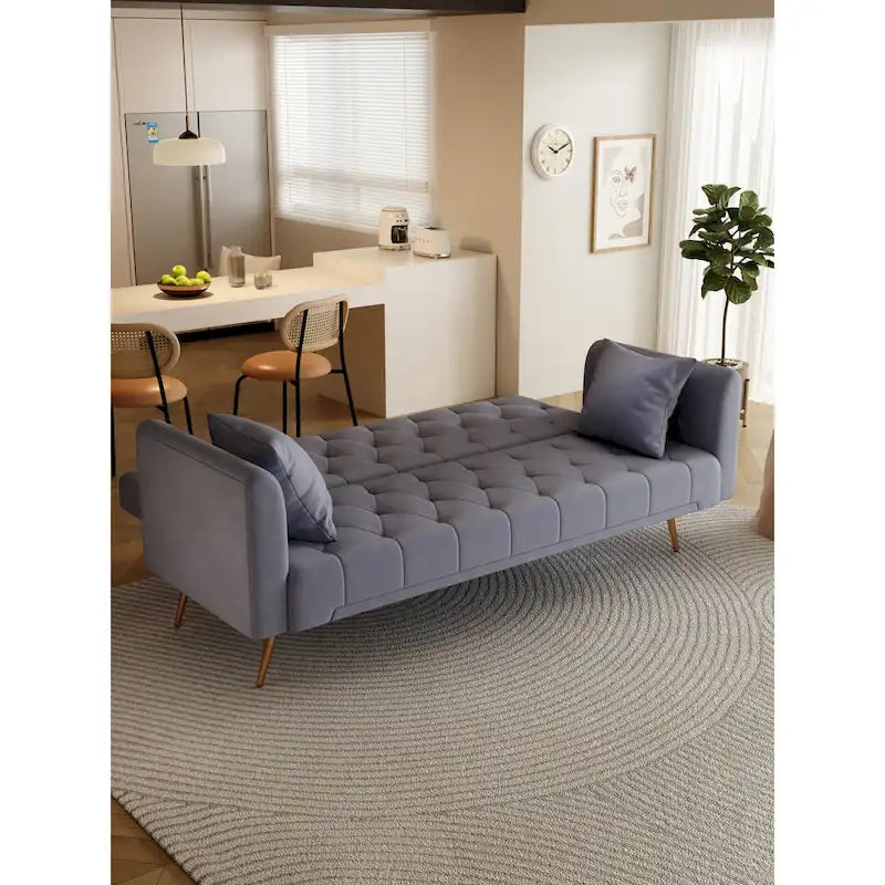 Graues Samt-Schlafsofa mit Knopfheftung