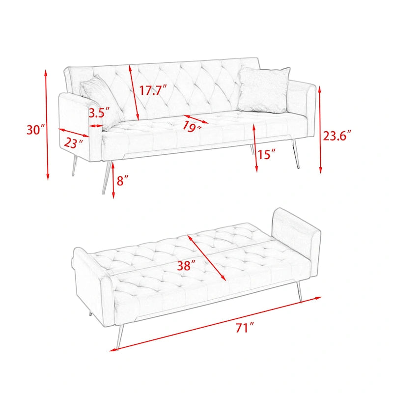 Graues Samt-Schlafsofa mit Knopfheftung
