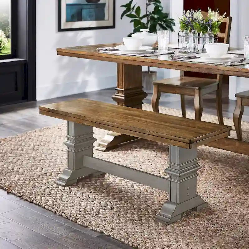 Two-Tone Trestle Leg Wood Dining Bench