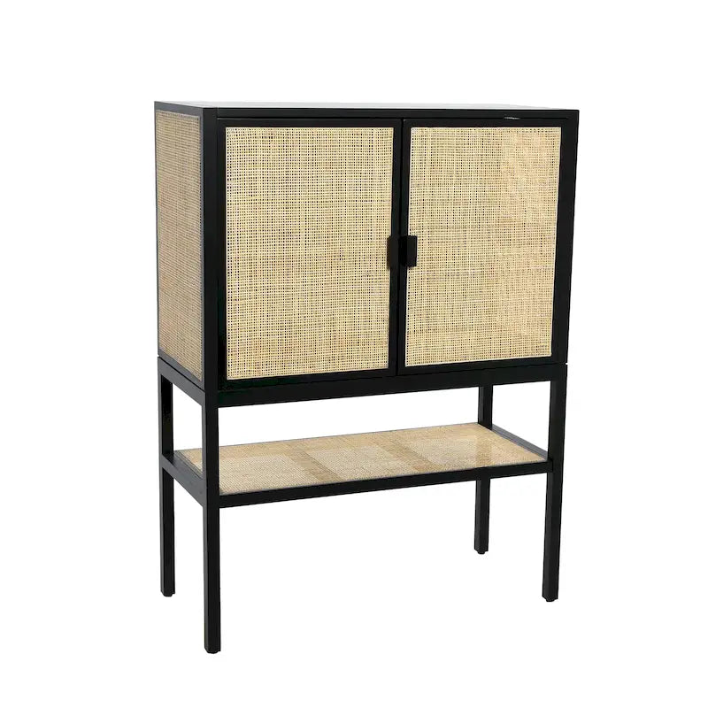 Woven Rattan Cabinet with Two Doors and Shelves