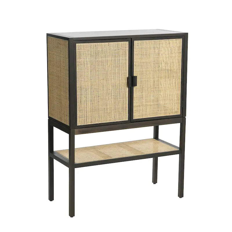 Woven Rattan Cabinet with Two Doors and Shelves