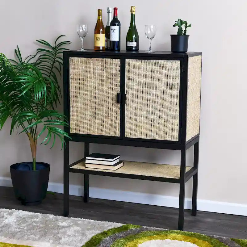 Woven Rattan Cabinet with Two Doors and Shelves