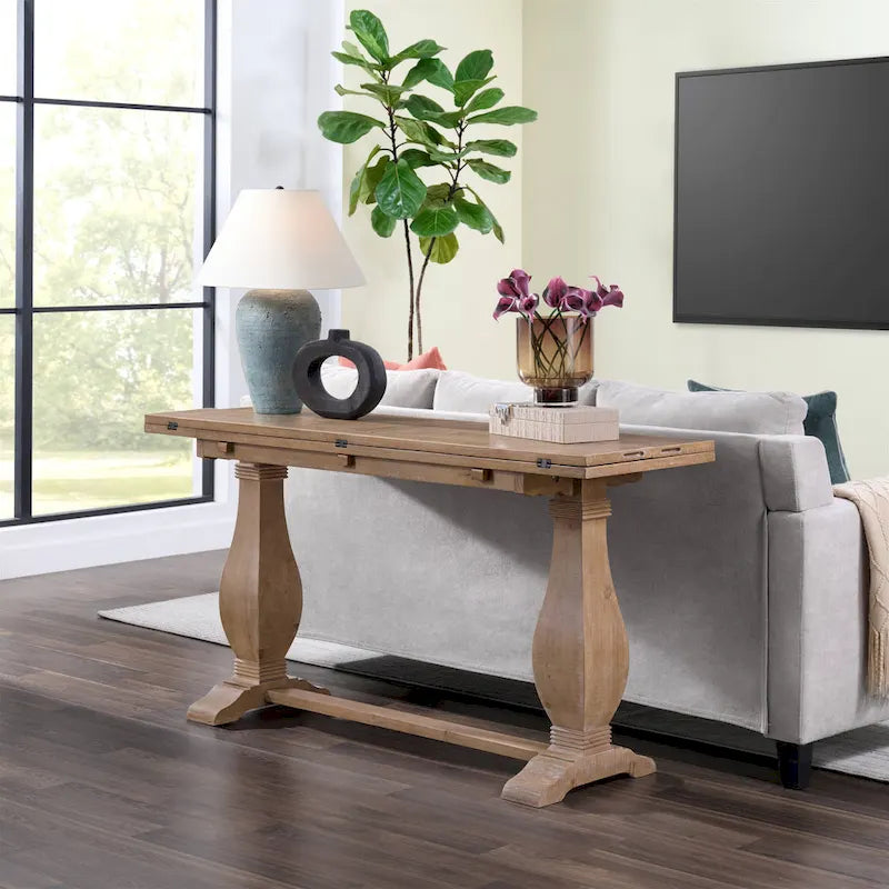 60" Solid Wood Pedestal Flip-Top Sofa Console Table