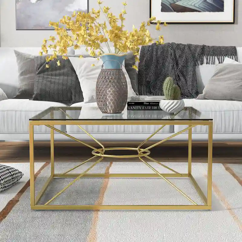 Glam Gold-Coated Steel and Glass Coffee Table, 35 Inch