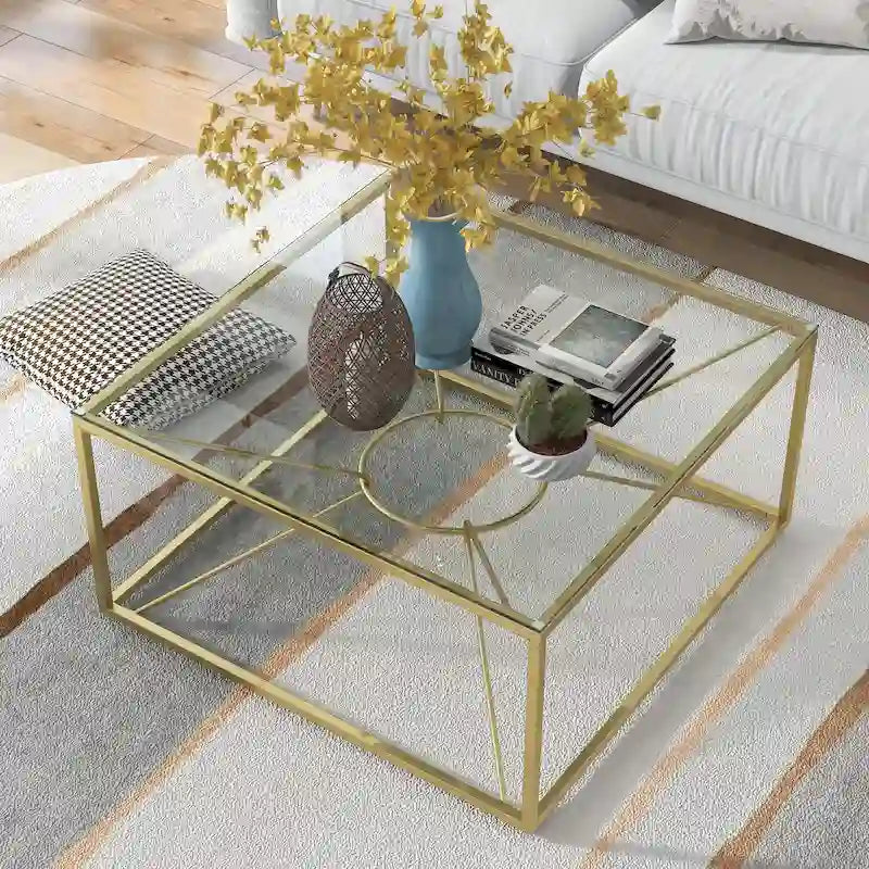 Glam Gold-Coated Steel and Glass Coffee Table, 35 Inch