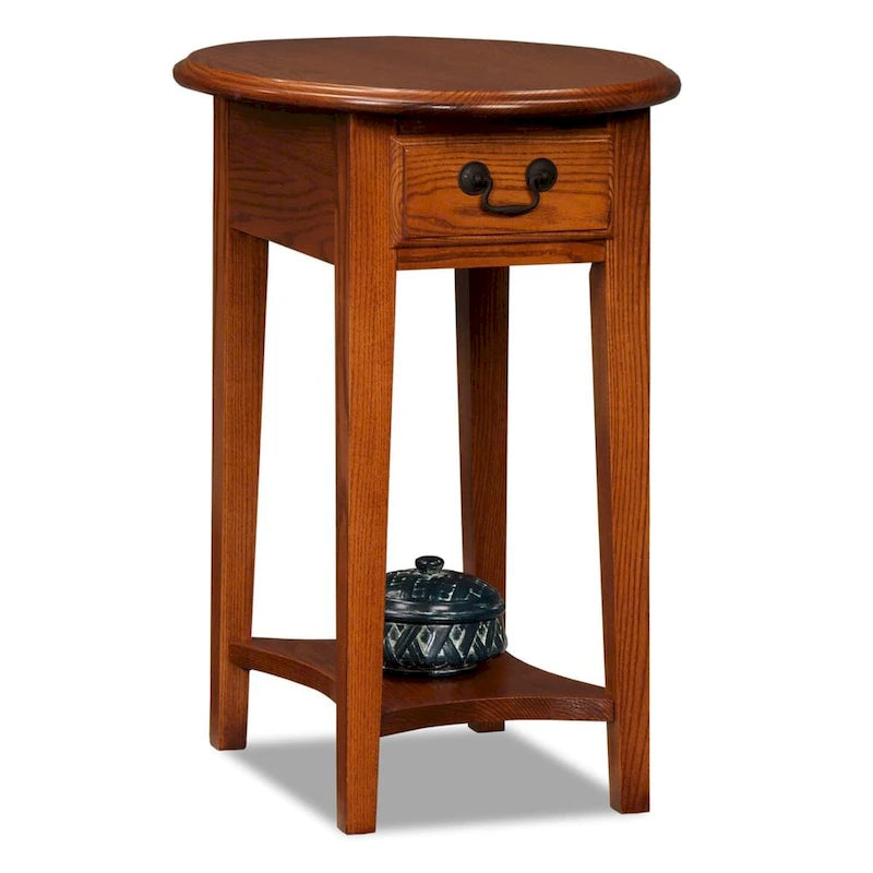 Oval Hardwood End Table with Drawer and Shelf