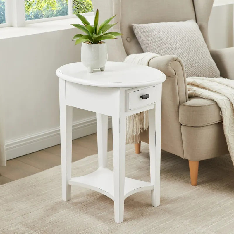 Oval Hardwood End Table with Drawer and Shelf