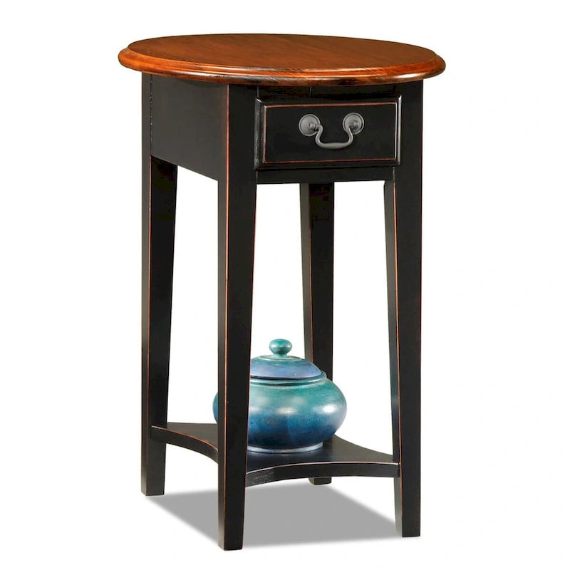 Oval Hardwood End Table with Drawer and Shelf