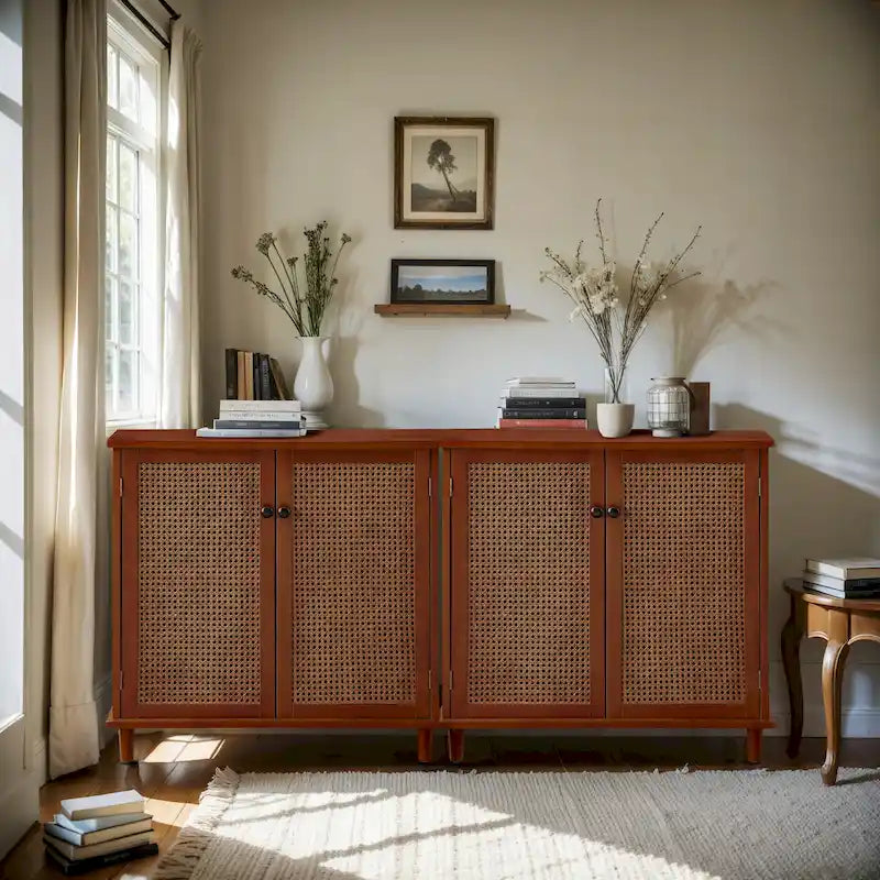 Woven Rattan Wicker Doors Accent Cabinet Sideboards