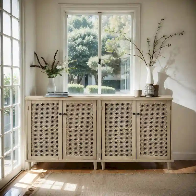 Woven Rattan Wicker Doors Accent Cabinet Sideboards