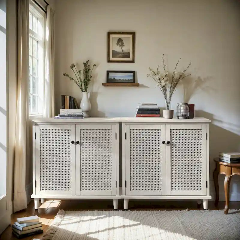 Woven Rattan Wicker Doors Accent Cabinet Sideboards