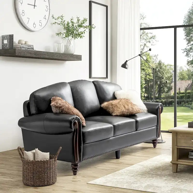 84-Inch Traditional Leather Sofa with Carved Wood Legs