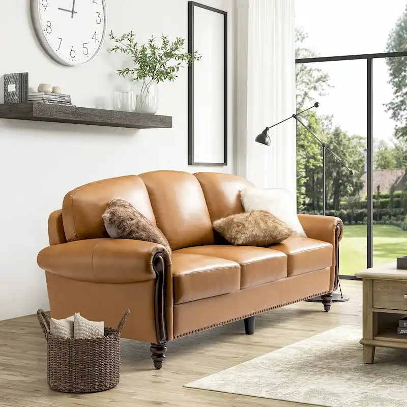 84-Inch Traditional Leather Sofa with Carved Wood Legs