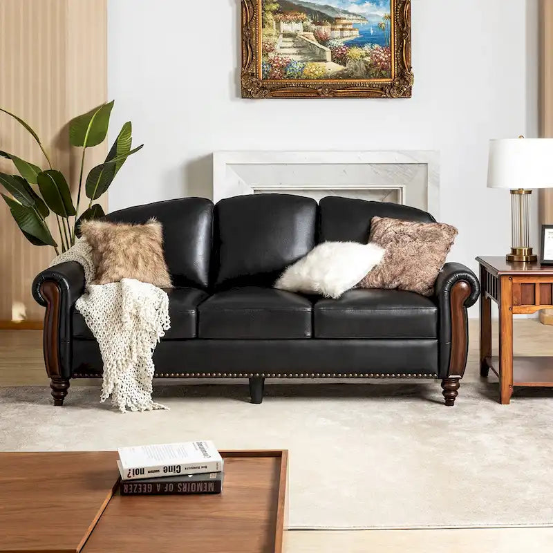 Eduard 84 Traditional Genuine Leather Sofa with Carved Wood Legs by HULALA HOME