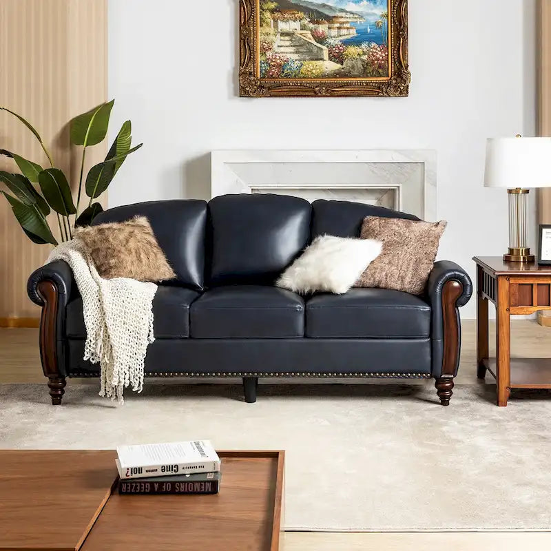 84-Inch Traditional Leather Sofa with Carved Wood Legs