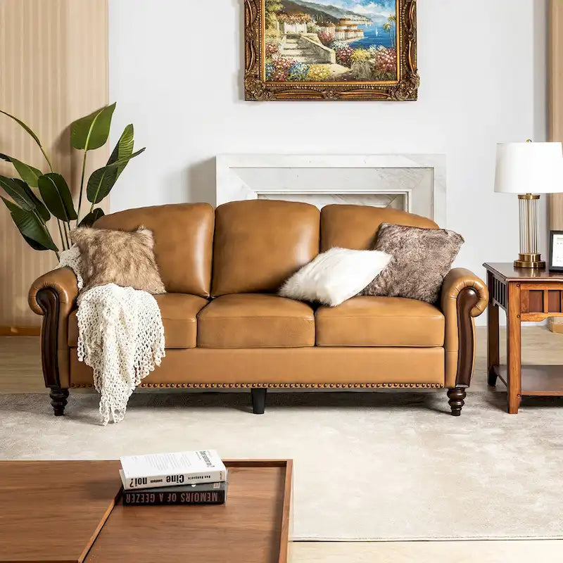 84-Inch Traditional Leather Sofa with Carved Wood Legs