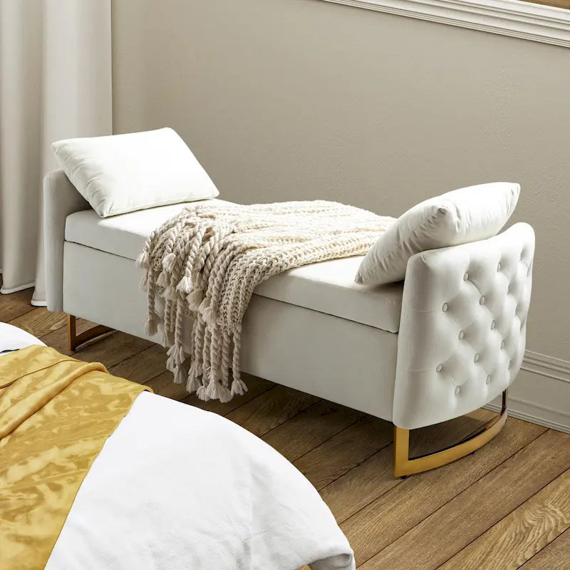 Modern Button-Tufted Flip-Top Storage Bench with Two Pillows